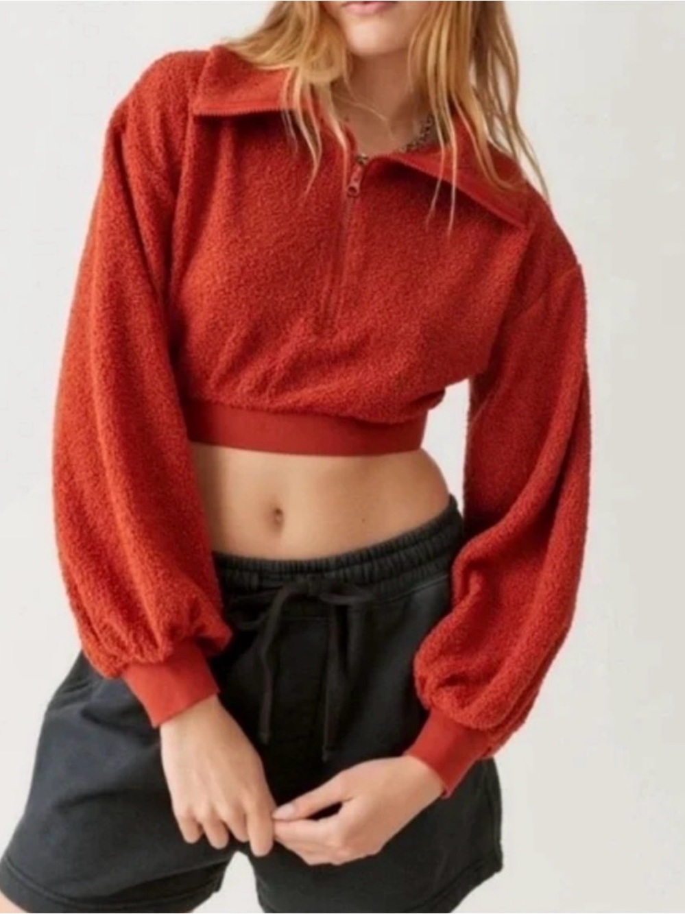BDG Urban Outfitters New Leaf Rust Quarter Zip Cropped Teddy Sweater NWOT